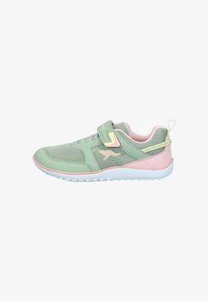 Light green and pink child’s sneaker with mesh fabric, hook-and-loop strap, cushioned collar, and white rubber sole.
