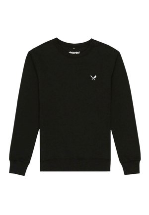 Černá mikina s kulatým výstřihem vyrobená z bavlny. Má dlouhé rukávy a malý bílý grafický design na hrudi. Hladká textura.