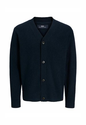 Cardigan lavorato a maglia blu navy con maniche lunghe, scollo a V e quattro bottoni neri sul davanti, etichettato "R.D.D. Royal Denim Division."