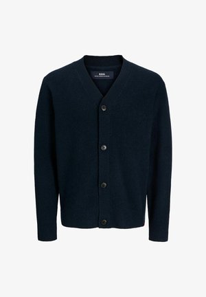 Sötétkék kötött kardigán hosszú ujjal, V-kivágással és négy fekete gombbal elöl, amelyen a "R.D.D. Royal Denim Division" felirat áll.