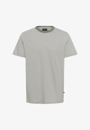 Prugeasta majica v svetlo sivi in olivno zeleni barvi, kratki rokavi, okrogla ovratnika, mehak bombažni material, z majhno oznako logotipa na strani.