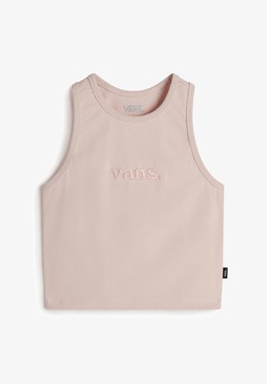 Lichtroze mouwloos tanktop van katoen, met een geborduurd "vans." logo op de voorkant en een ronde halslijn.