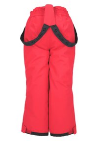 Rote Schneehosen mit verstellbaren schwarzen Trägern, elastischem Bund und schwarzen Bündchen am Knöchel. Hergestellt aus strapazierfähigem, wetterbeständigem Material.