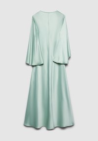 Light blue satin long dress with wide flowing sleeves and a simple round neckline, shown from the back on a plain background.