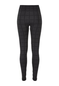Leggings noirs avec un motif pied-de-poule texturé. Design taille haute avec une silhouette ajustée. Tissu lisse avec une légère élasticité.