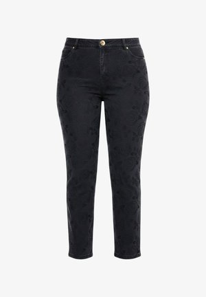 Sort slim-fit bukser med subtilt floral præget mønster, forreste knap og design med fem lommer.