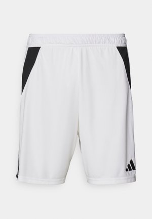 Hvide atletiske shorts med en sort sidepanel, elastisk talje og Adidas-logo på den nederste højre ben. Fremstillet af letvægtsstof.