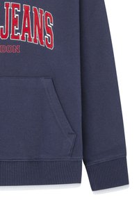 Navy blue sweatshirt with red and white lettering, featuring a front pocket and ribbed cuffs and hem. Cotton material with a soft texture.