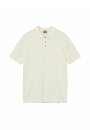 Lyhythihainen kerma polo-paita, jossa on kaulus ja kolme nappia, tekstuuri kangas sekä pieni logotunniste alareunan lähellä.