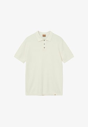 Lyhythihainen kerma polo-paita, jossa on kaulus ja kolme nappia, tekstuuri kangas sekä pieni logotunniste alareunan lähellä.