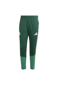 Zielone spodnie sportowe Adidas z elastycznym pasem, białym logo na udzie i jaśniejszymi zielonymi panelami na dolnej części nogawek, pokazane z przodu.