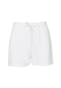 White cotton shorts with a drawstring waist, side pockets, and a small logo detail. The fabric has a smooth texture and casual fit.