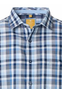 Blauwe geruite shirt met verschillende tinten, korte mouwen, knoopsluiting, een opgestikte zak en een textuurafwerking.