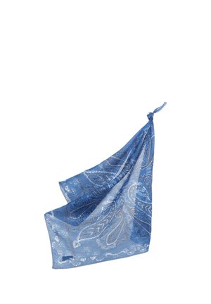 Bandana bleu à motif paisley avec un nœud noué à un coin sur fond blanc.