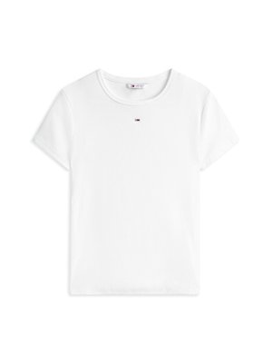 Hvit bomulls t-skjorte med rund hals, korte ermer og et lite logomerke i midten. Myk tekstur, enkelt design.