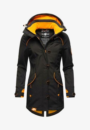 Black outer jacket with orange accents, featuring a hood, large buttons, zippered pockets, and a soft inner lining. Tailored design with adjustable cuffs.