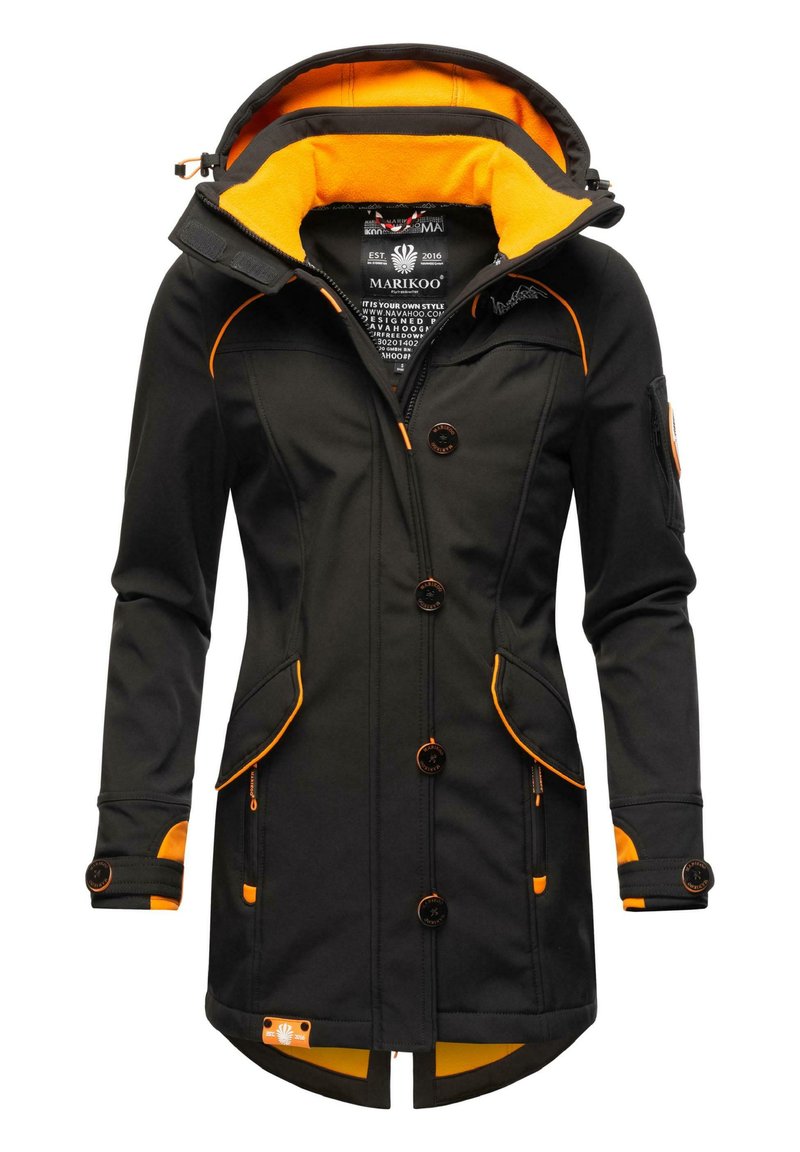 Black outer jacket with orange accents, featuring a hood, large buttons, zippered pockets, and a soft inner lining. Tailored design with adjustable cuffs.