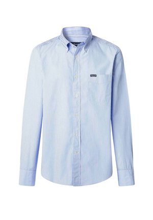 Camicia a maniche lunghe, con bottone, a righe blu chiaro e bianche, con colletto, taschino sul lato sinistro e etichetta cucita sulla tasca. Tessuto in misto cotone.