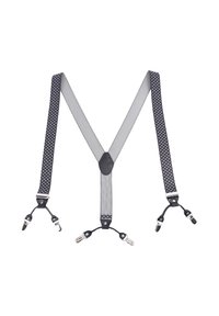 Suspenders neri e grigi con una texture a motivi, dotati di clip in metallo e un accento centrale in pelle per l'attacco.