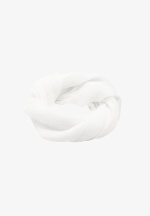 Biały, lekki szal o miękkiej, przewiewnej fakturze, z twisted designem. Cienki i zwiewny materiał nadaje mu eteryczny wygląd.