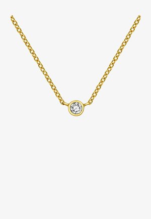 Collar de cadena de oro que presenta un único colgante de gema clara redonda. La cadena tiene un diseño de eslabones clásico y el colgante es circular con un acabado pulido.