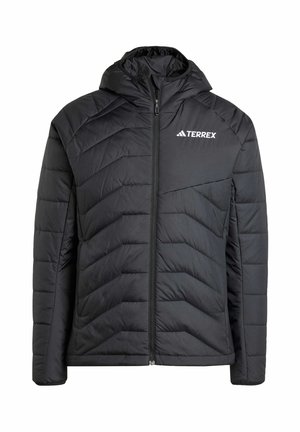 Giubbotto imbottito nero con chiusura con zip e cappuccio. Presenta un design a losanghe trapuntato e un logo bianco sulla parte superiore sinistra.