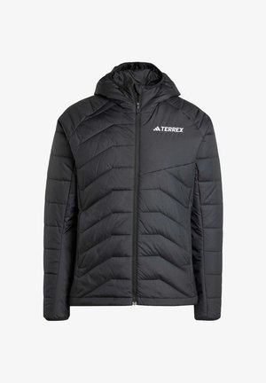 Black padded jacket with a zip closure and hood. Features chevron quilted design and a white logo on the upper left side.