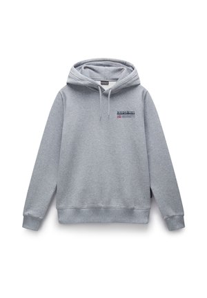 Grauer Kapuzenpullover mit Kängurutasche, gerippten Bündchen und Saum, mit einem bedruckten Logo auf der Brust. Hergestellt aus Baumwollmischgewebe.