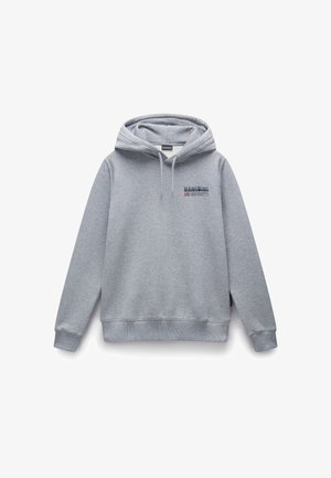 Sudadera gris con capucha, bolsillo tipo canguro, puños y dobladillo acanalados, presenta un logo impreso en el pecho. Fabricada con una mezcla de algodón.