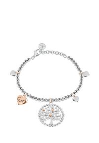 Bracciale in argento con perline e ciondolo albero della vita, dotato di un ciondolo a forma di cuore in rosa con inciso "per Sempre". Chiusura a moschettone.