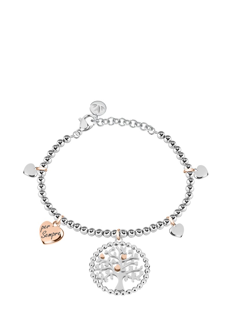 Bracciale in argento con perline e ciondolo albero della vita, dotato di un ciondolo a forma di cuore in rosa con inciso "per Sempre". Chiusura a moschettone.