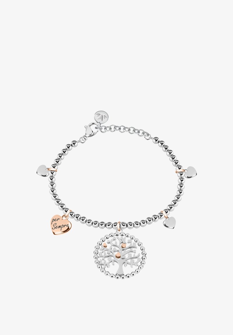 Bracciale in argento con perline e ciondolo albero della vita, dotato di un ciondolo a forma di cuore in rosa con inciso "per Sempre". Chiusura a moschettone.