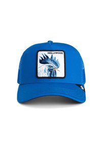 Blue trucker cap featuring an embroidered patch of a bird, with "HOLLYWOOD" text above the image. Made of fabric with a mesh back.