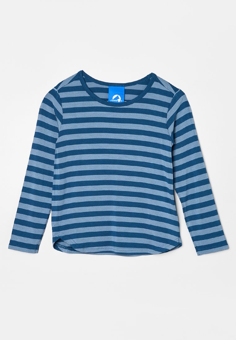 Langarmshirt aus weichem Stoff, mit abwechselnden dunkelblauen und hellblauen horizontalen Streifen, Rundhalsausschnitt und lockerer Passform.