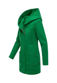 Green hooded coat with a fitted silhouette, large front pockets, smooth texture, and a zip closure featuring brown accents.