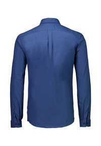 Marineblauw overhemd met lange mouwen, gemaakt van gladde stof. Het heeft een knoopkleur en manchetten, met een rugplooi en een rechte zoom.