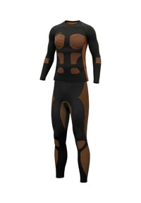 Schwarzer und brauner Trainingsanzug mit langärmeligem Oberteil mit gestreiften Akzenten und enganliegenden Hosen mit strukturierten Mustern und Mesh-Details.