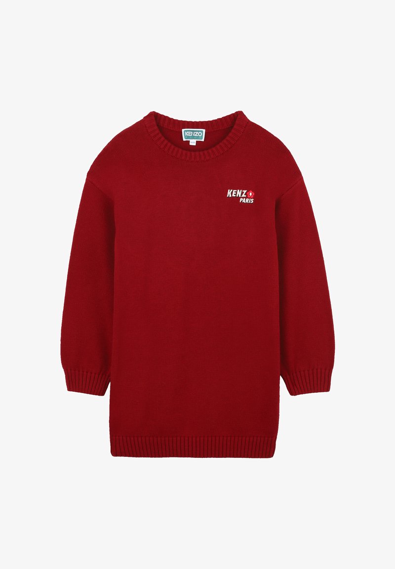Pull en tricot rouge avec manches longues, poignets côtelés et ourlet. Présente le logo "KENZO PARIS" en blanc sur le côté supérieur gauche.