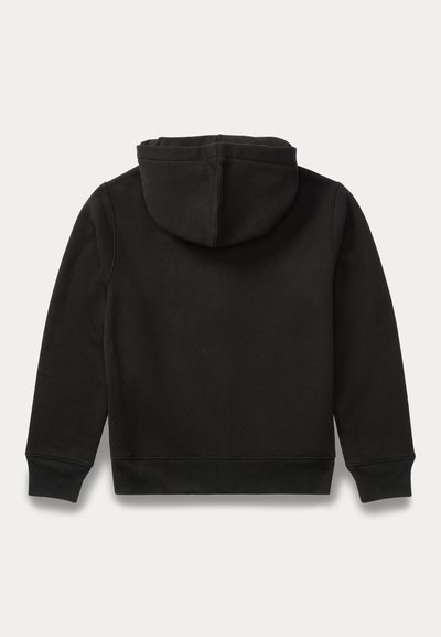 Black long-sleeve hoodie with attached hood, ribbed cuffs, and hem, shown from the back on a plain white background.