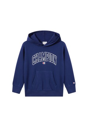 Sudadera con capucha de color azul marino hecha de una mezcla de algodón. Cuenta con un bolsillo frontal tipo canguro, puños de canalé y el logotipo "CHAMPION" en blanco.