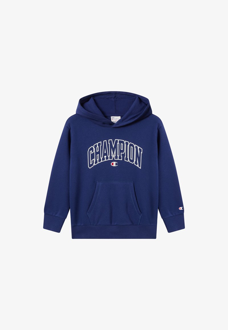 Sweatshirt à capuche marine en tissu mélangé de coton. Doté d'une poche kangourou à l'avant, de poignets côtelés et du logo "CHAMPION" en blanc.