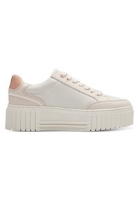 Sneakers bianchi in pelle con suola testurizzata e scanalata, caratterizzati da un accento in oro rosa sul tallone e un design con lacci rotondi.