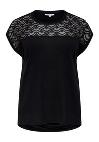 Svart kortärmad topp med ett texturerat meshpanel som har ett skalmönster på övre axlarna. Mjuk, slät tygkvalitet, avslappnad passform.