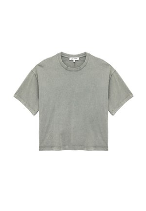 T-shirt grigio uniforme a maniche corte con collo rotondo, dal taglio leggermente accorciato e dalla vestibilità rilassata, con dettagli di cucitura visibili.