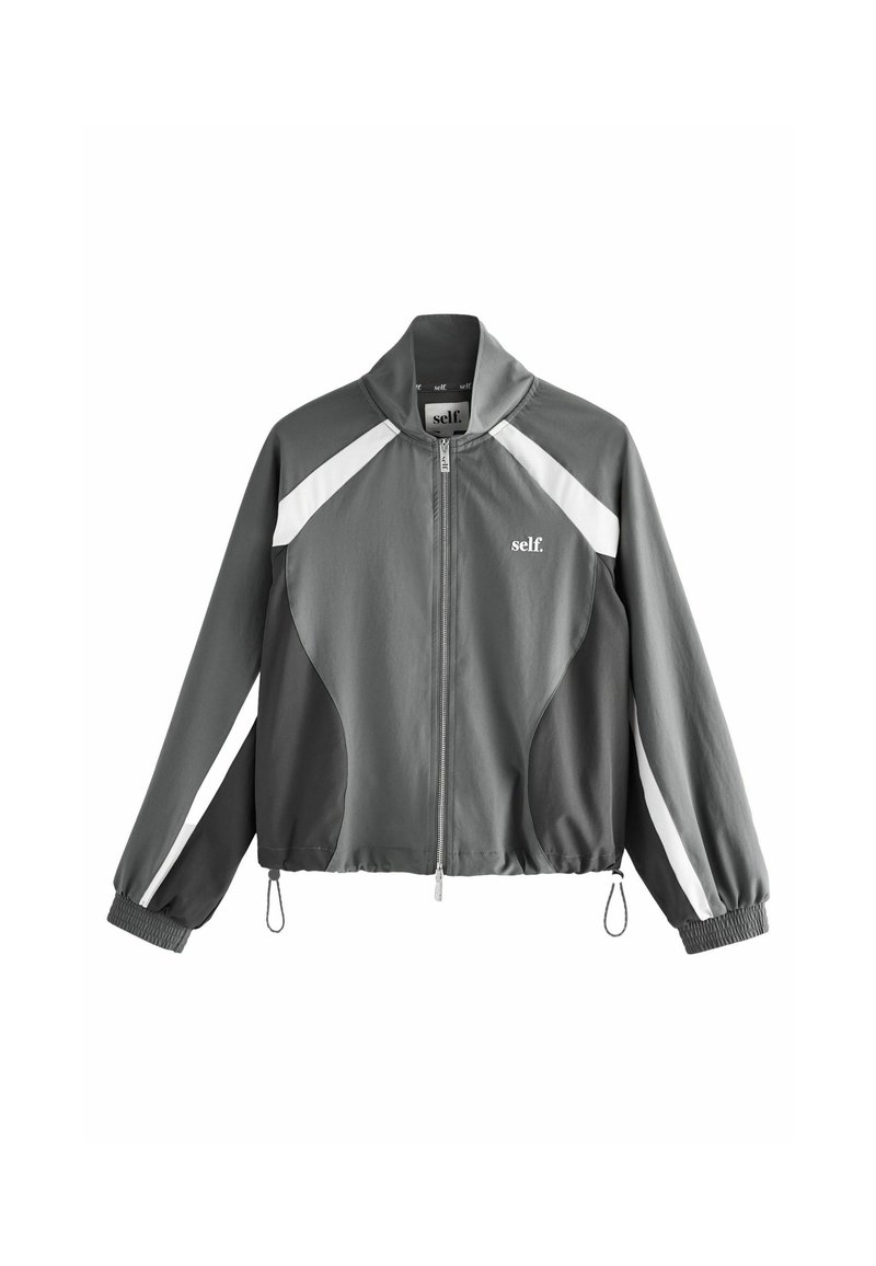 Gray zip-up jacket with white accents, stand collar, elastic cuffs, and adjustable hem. Made from lightweight, smooth fabric.