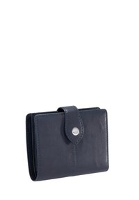 Námořnicky modrá kožená peněženka s knoflíkovým zapínáním, hladkou texturou a kontrastním prošitím. Kompaktní obdélníkový tvar s zaoblenými rohy.