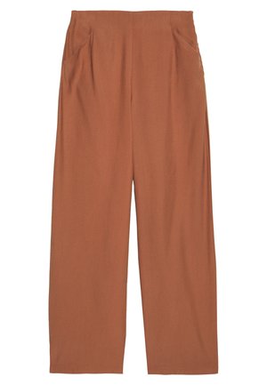 Wijde broekspijpen in effen roestbruin met zijzakken en een hoge taille, plat uitgespreid op een witte achtergrond.