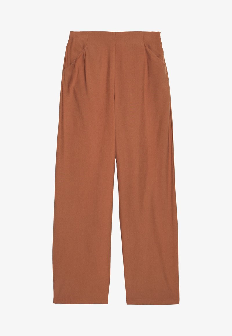 Pantalon à jambes larges de couleur rouille unie avec poches latérales et taille haute, présenté à plat sur un fond blanc.