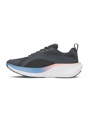 Black athletic sneaker with mesh details, lace-up design, and thick white sole featuring blue and pink gradient accents.