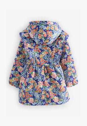 Barevný deštník s květinovým vzorem na modrém pozadí, nařasená kapuce, elastický pas a dlouhé nabírané rukávy. Voděodolná látka.